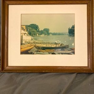 Framed photograph boats at dock beautiful water scenery